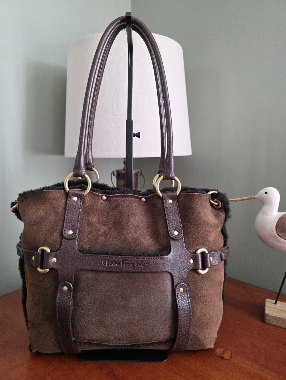 Salvatore Ferragamo Brown Suede Shearling Leather Tote Shoulder Bag Y2K